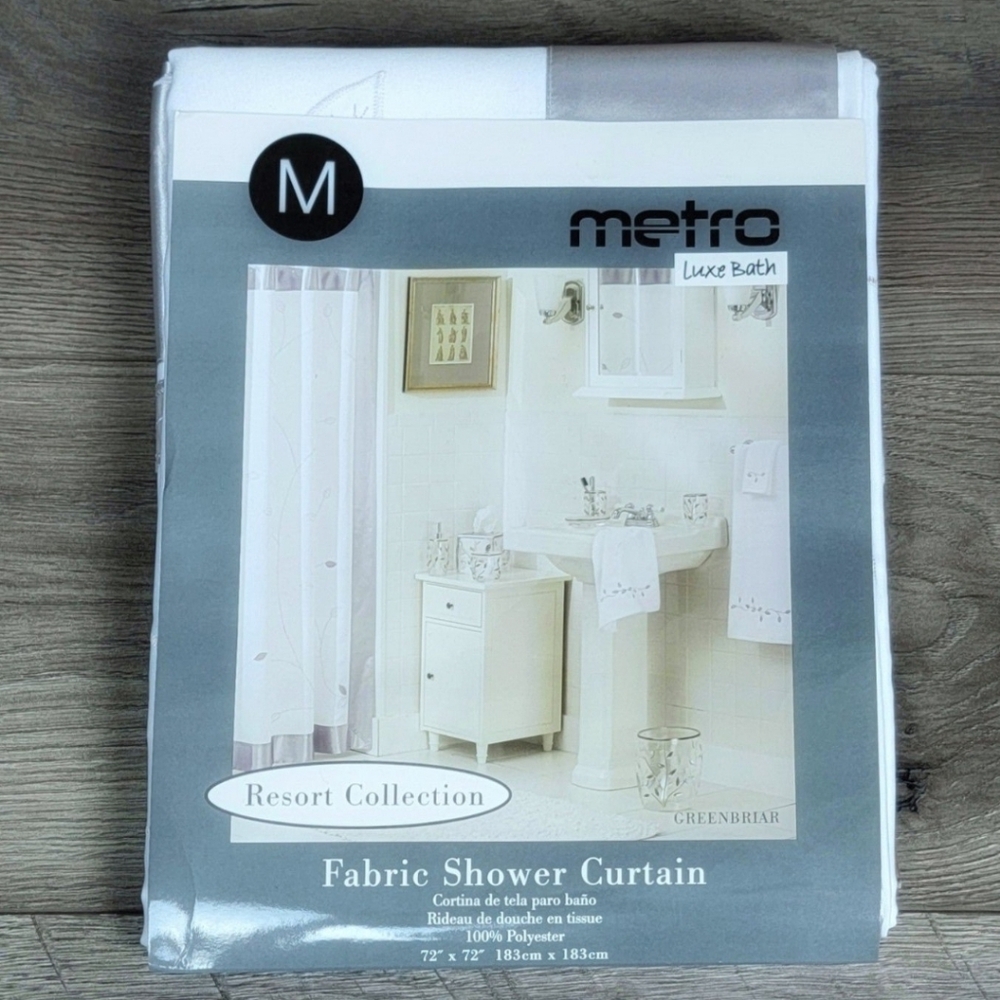 Metro Luxe Bath White & Silver Fabric‎ Shower Curtain NEW!